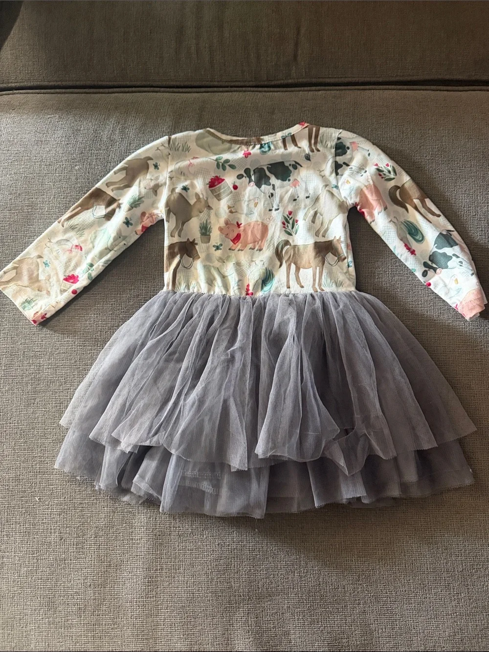Girls' Gray Tulle Dress with Red Bow and Animal Print Top